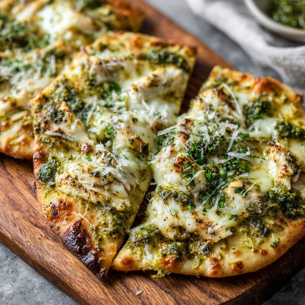 A pizza with cheese and spinach on a wooden board.