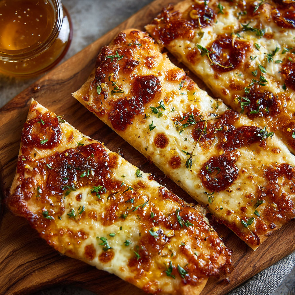 A delicious hot honey flatbread pizza.