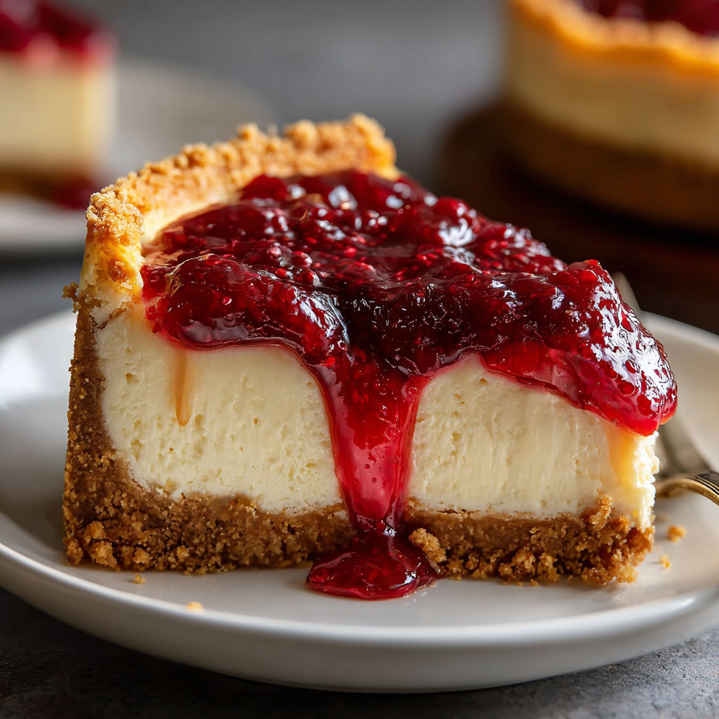 A slice of cheesecake with strawberry sauce.