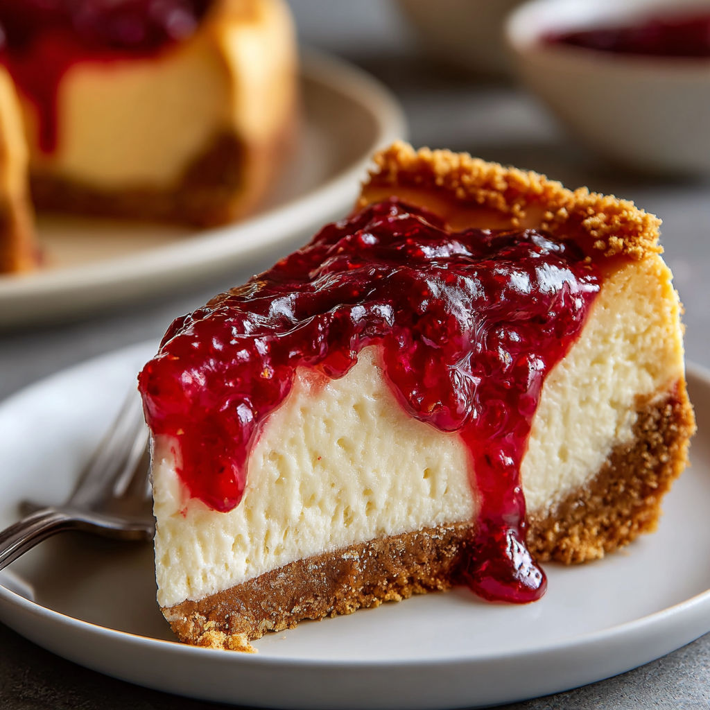 A slice of cheesecake with strawberry sauce on top.