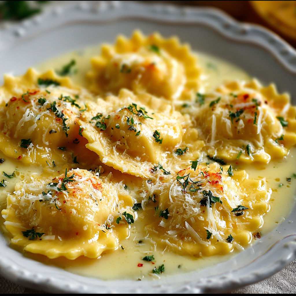 A plate of lobster ravioli in a lemon butter sauce.