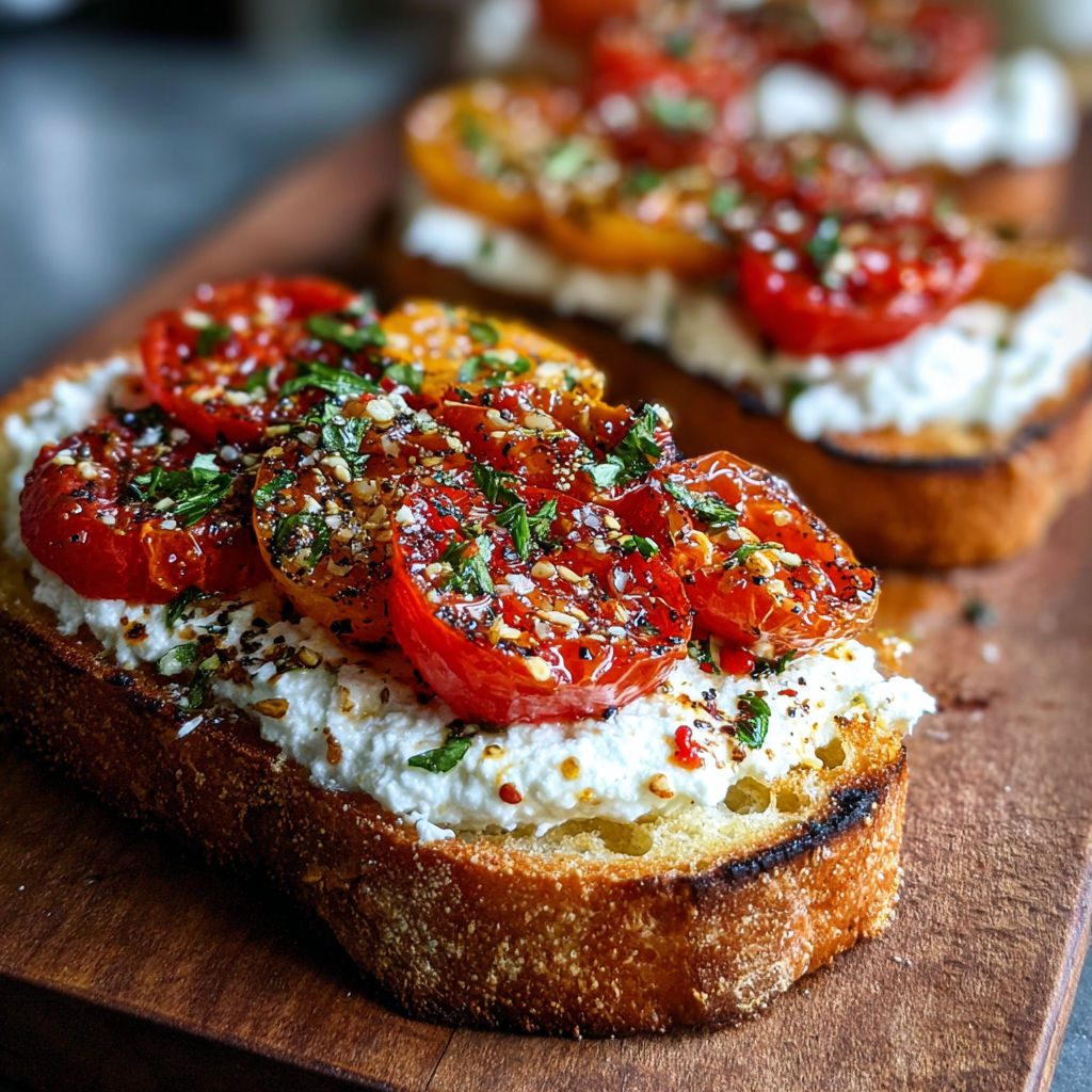 A slice of toast with tomatoes and ricotta cheese.