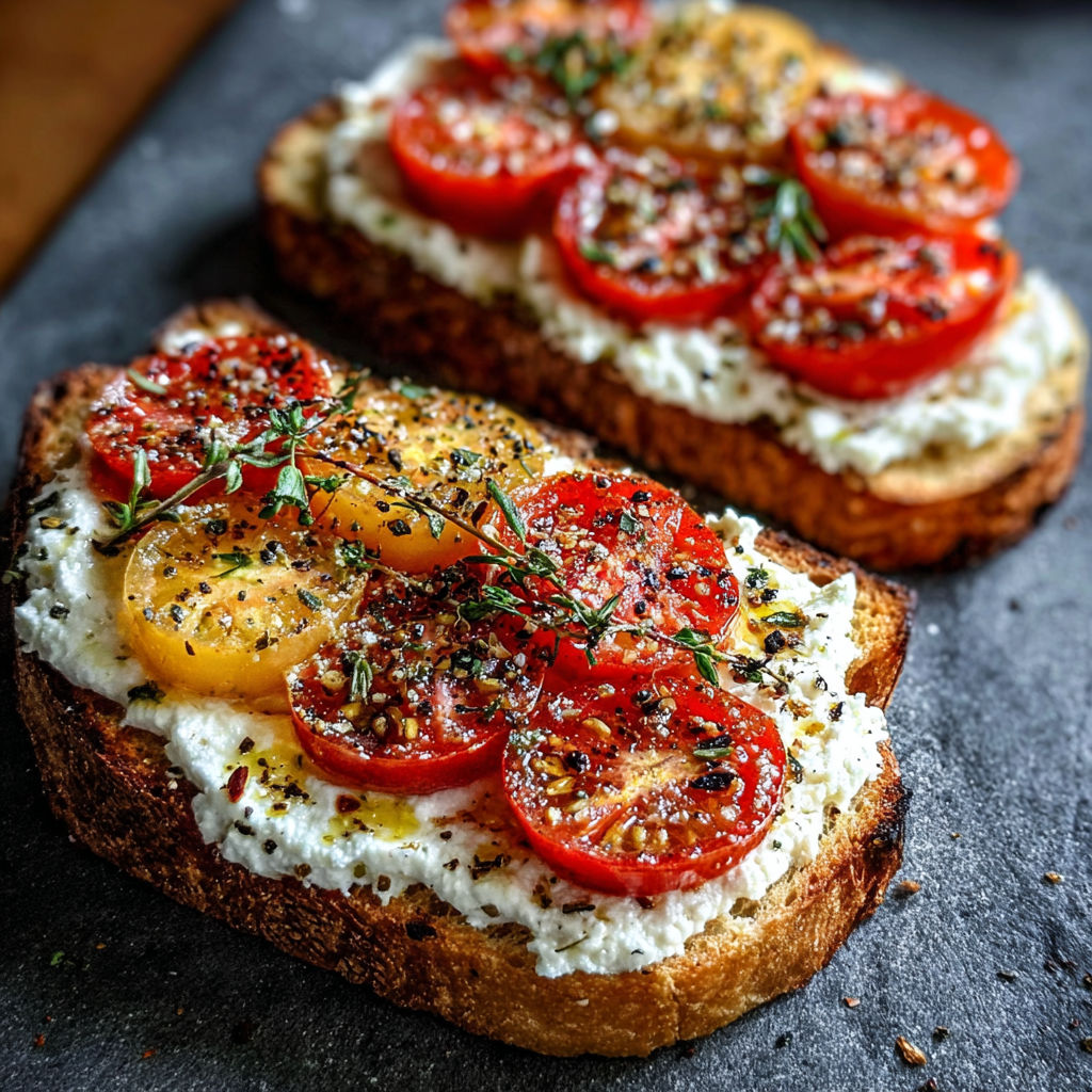 Two pieces of bread with tomatoes and cheese on top.