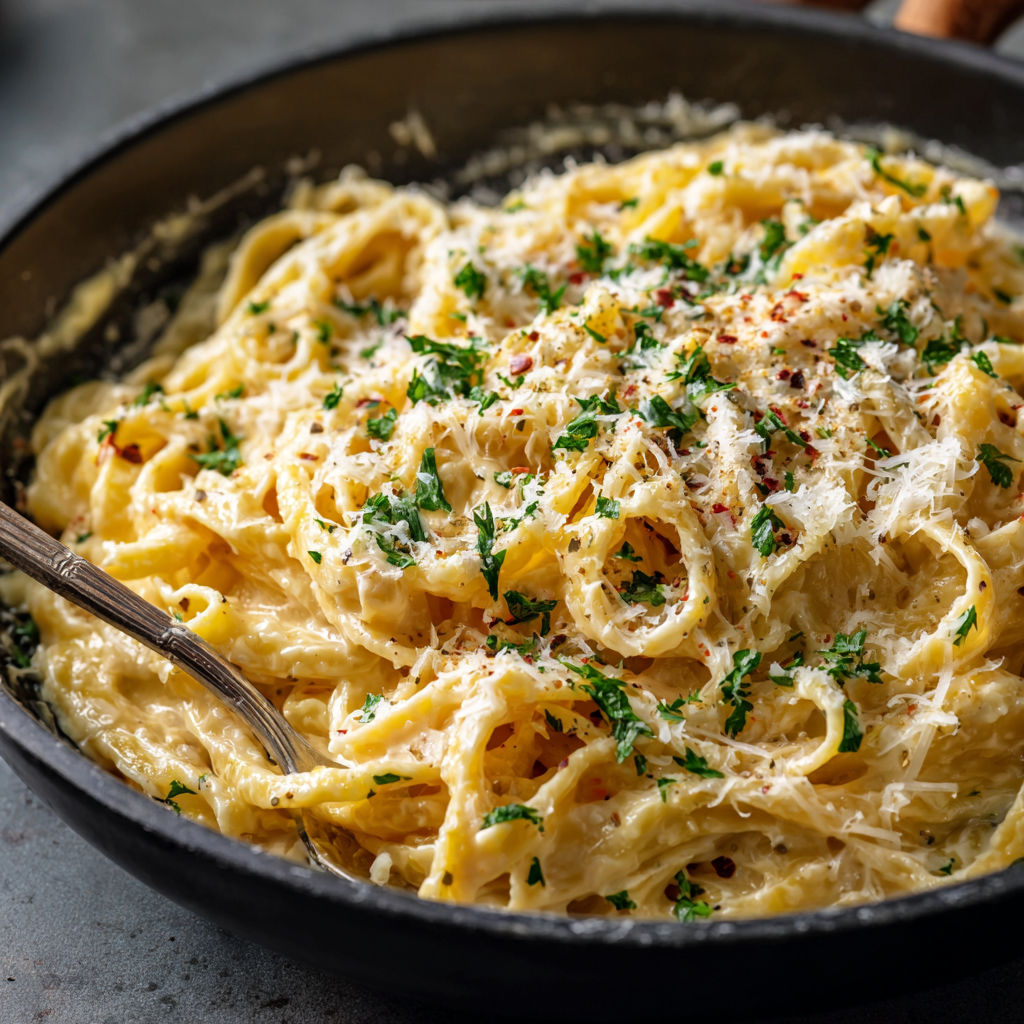 A bowl of pasta with cheese and herbs.