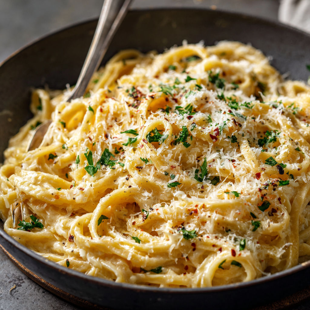 A bowl of pasta with cheese and garlic.