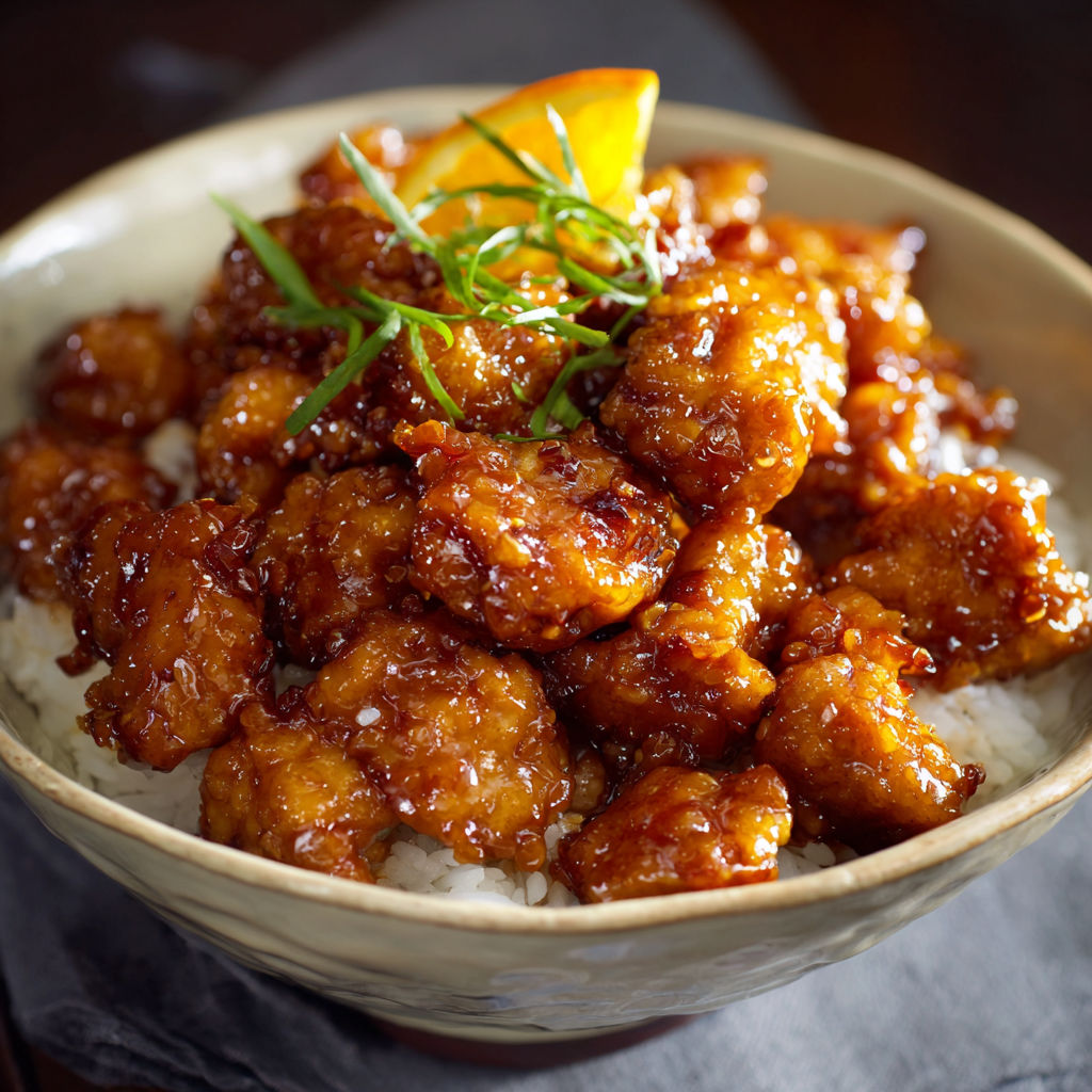 A bowl of orange chicken with rice.