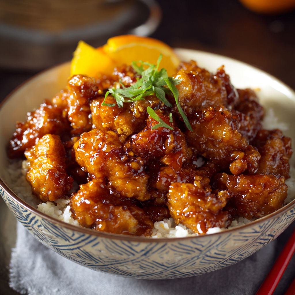 A bowl of chicken with rice and a lemon wedge on top.