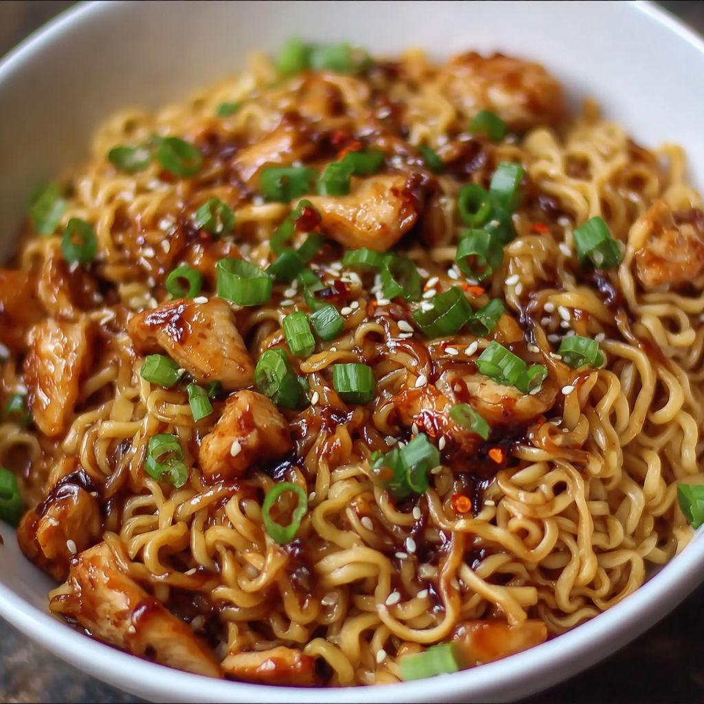 A bowl of noodles with chicken and vegetables.