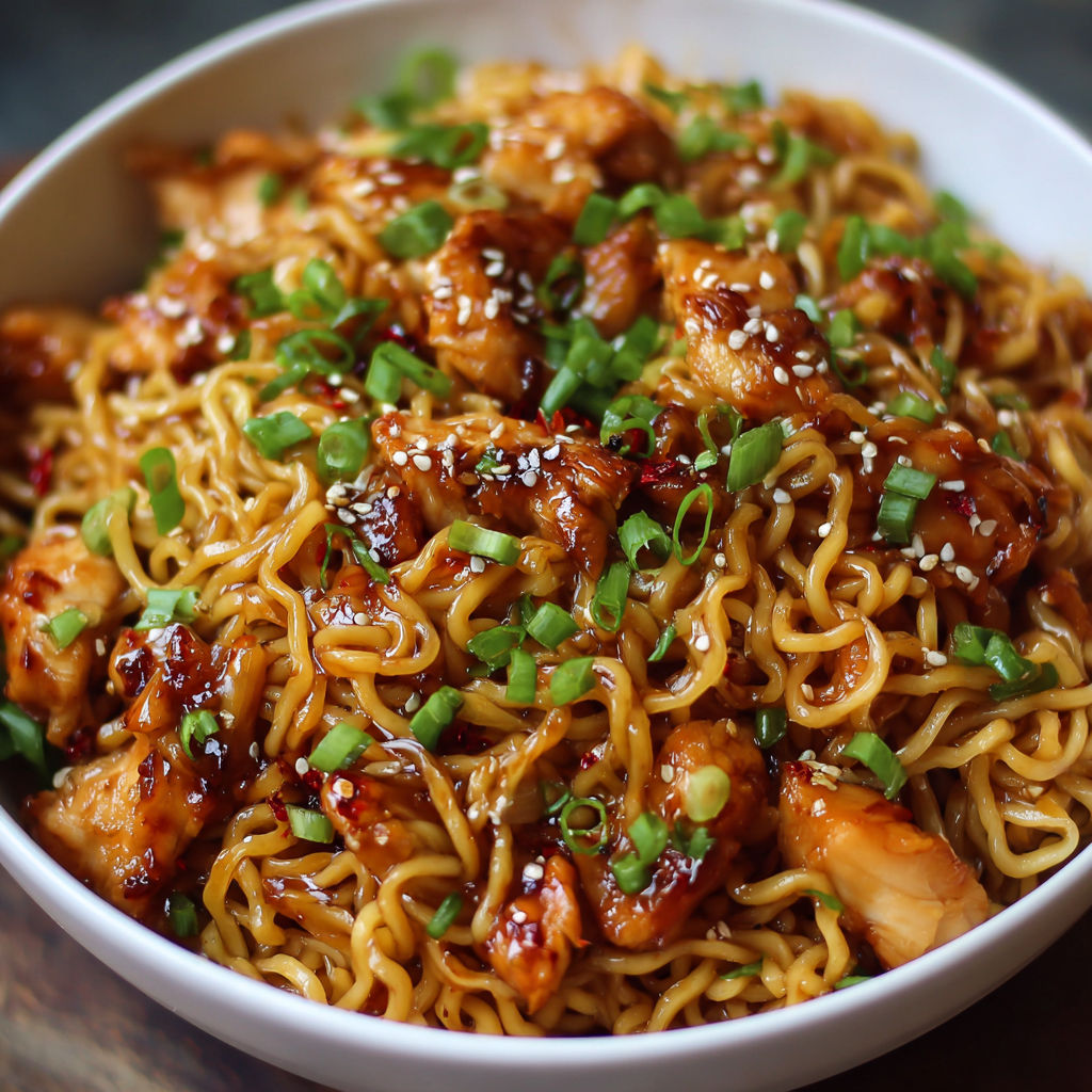 A bowl of Sticky Garlic Chicken Noodles.