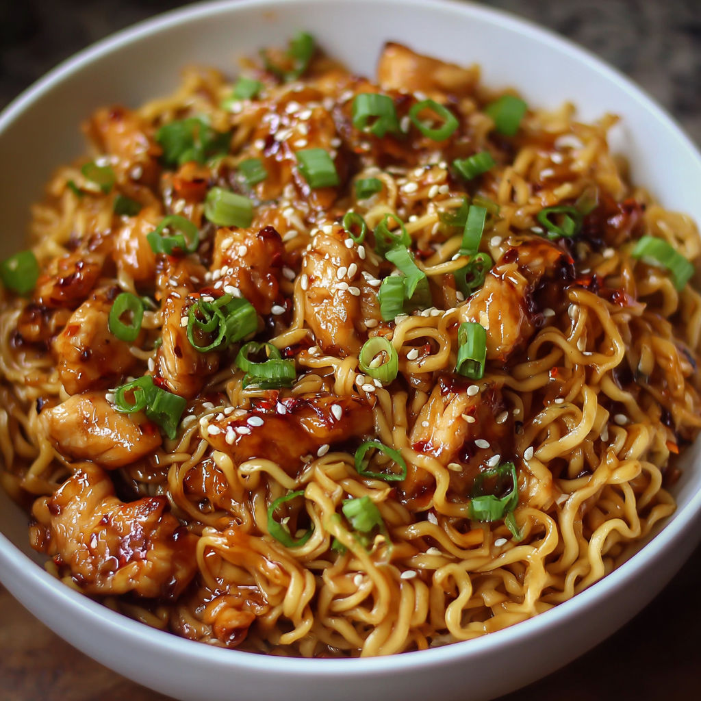 A bowl of Sticky Garlic Chicken Noodles.