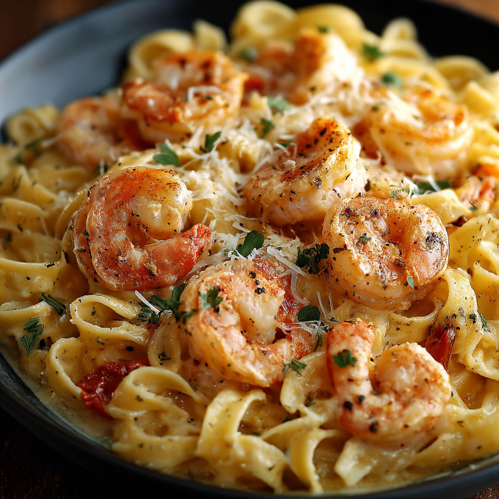A bowl of creamy shrimp pasta.