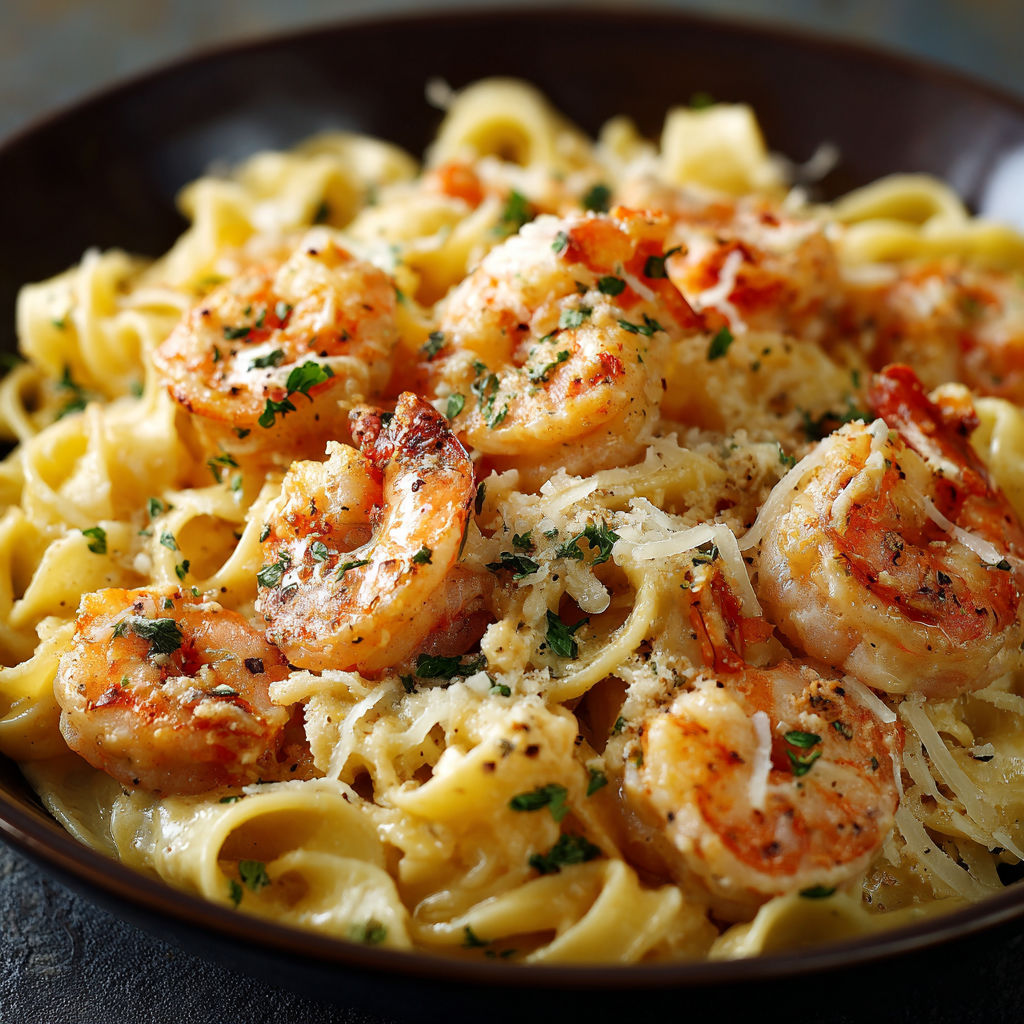 A bowl of creamy shrimp pasta.