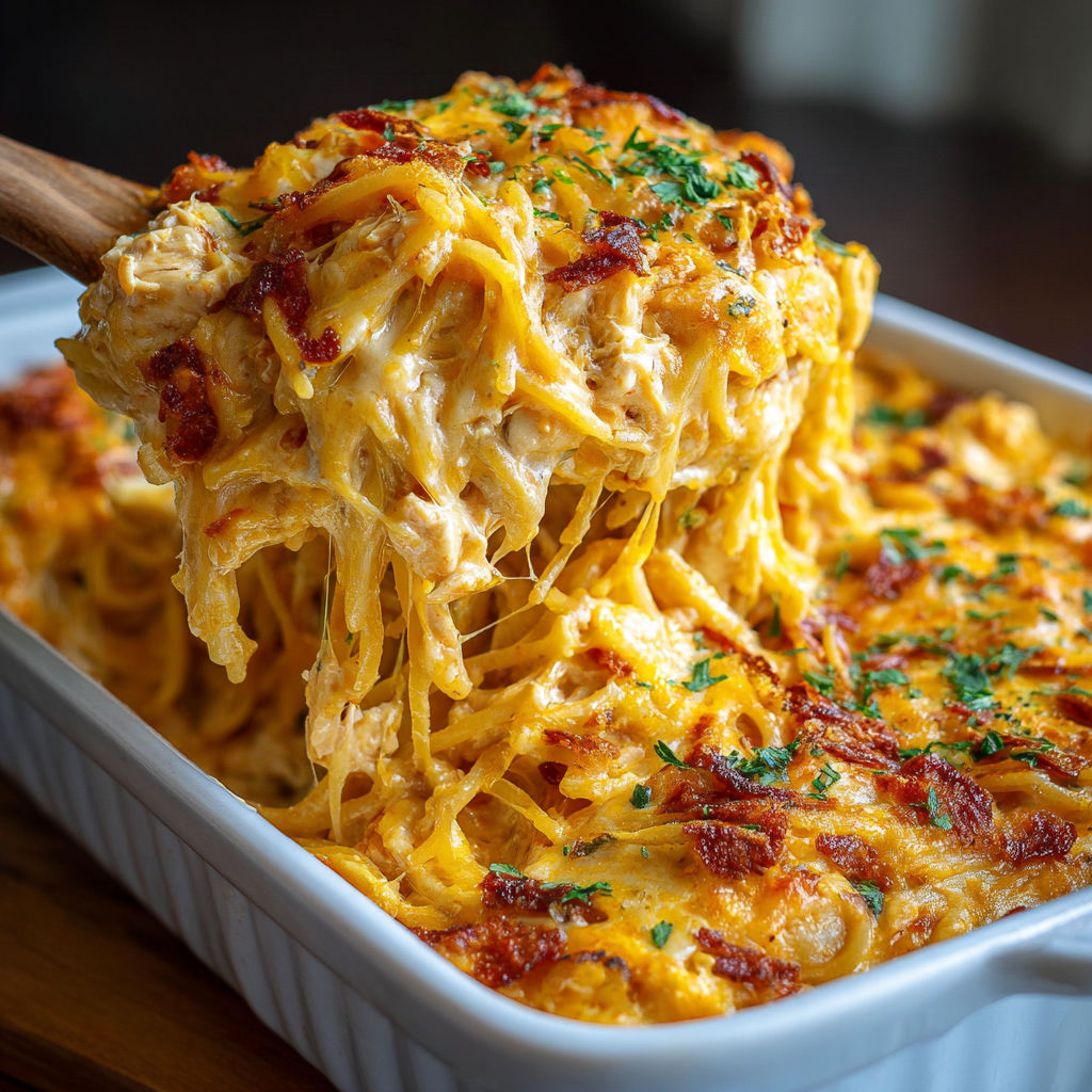 A delicious looking spaghetti casserole with cheese and chicken.