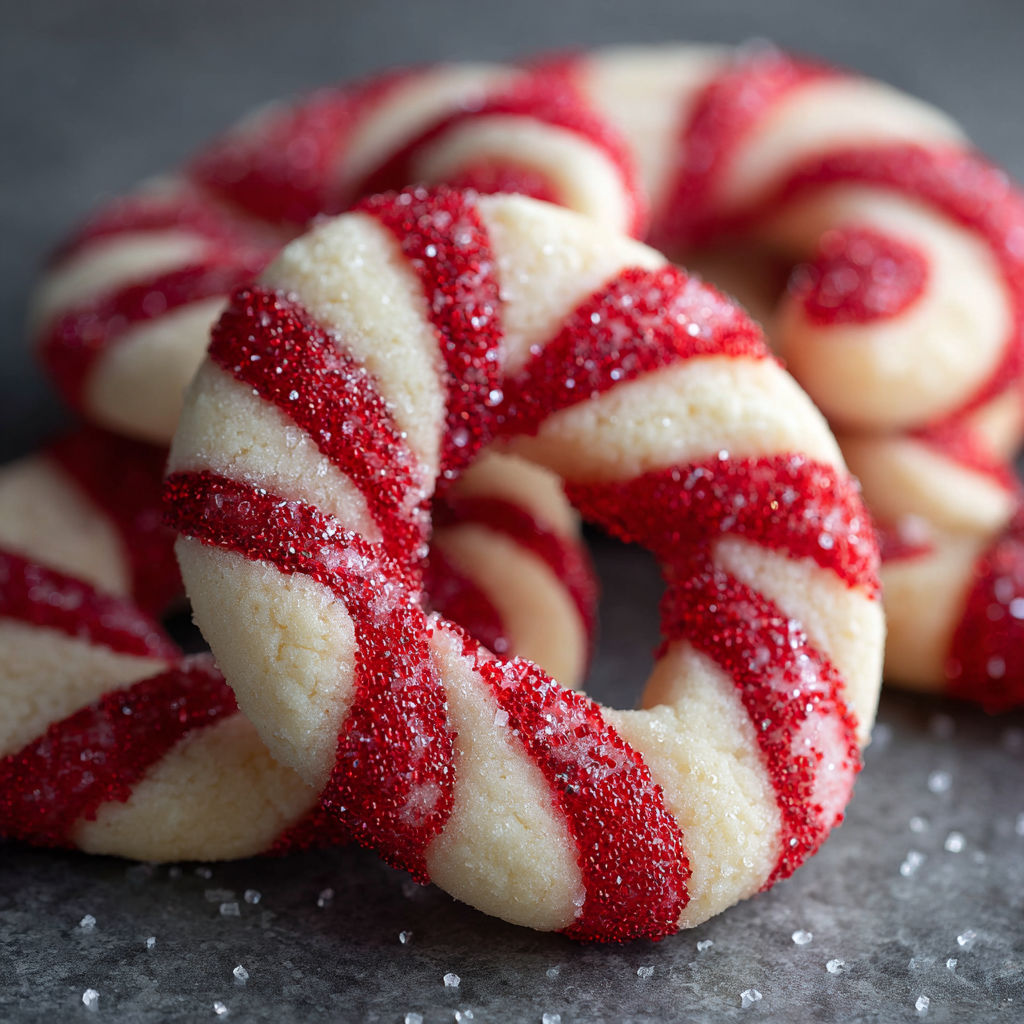 A red and white cookie with a candy cane design.