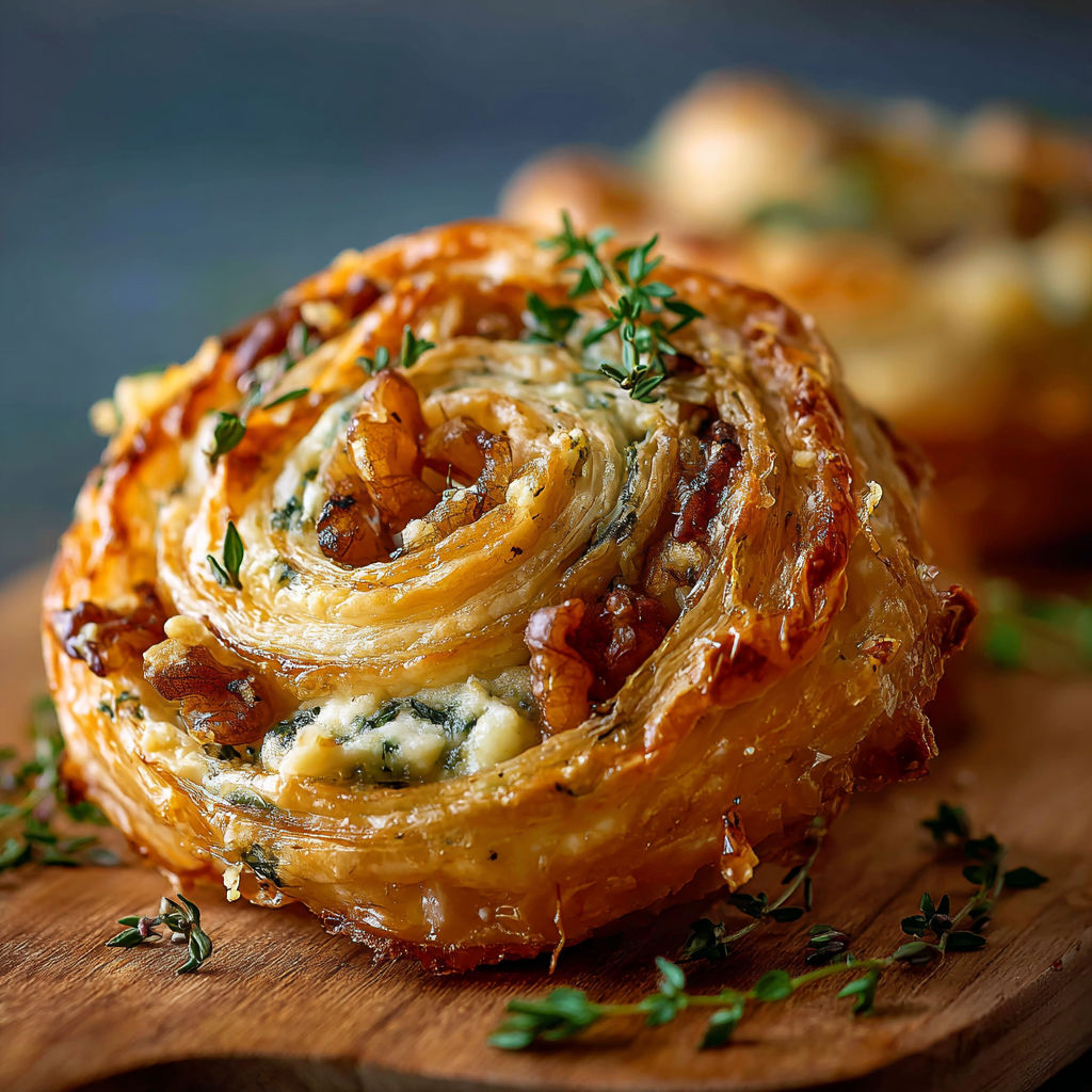 A pastry with blue cheese and walnuts on top.