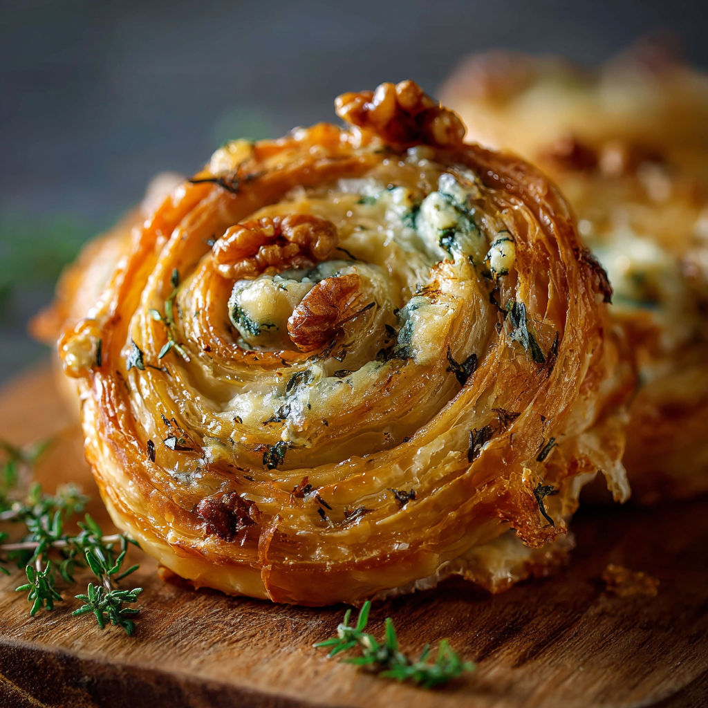 A pastry with blue cheese and walnuts.