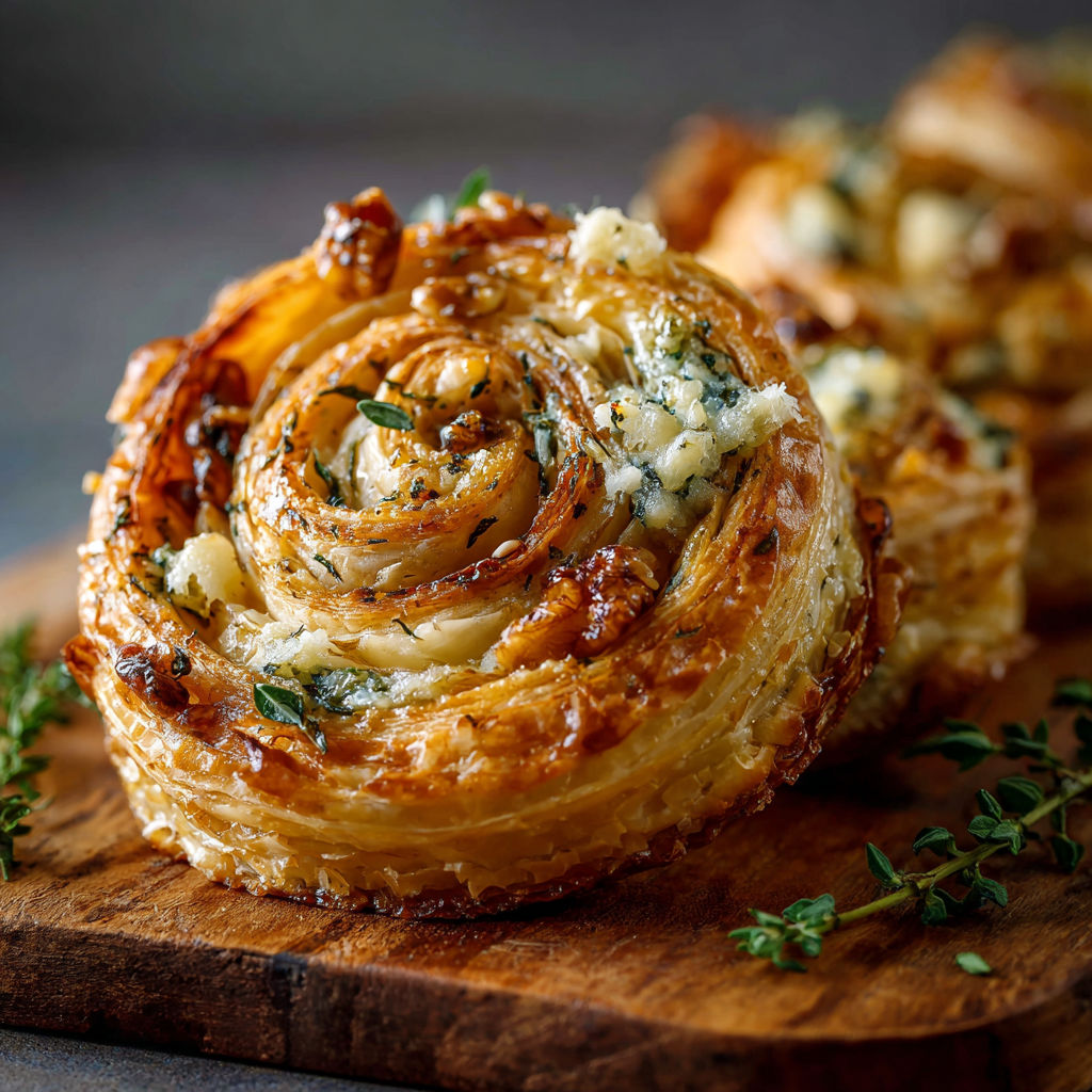 A pastry with blue cheese and walnuts.