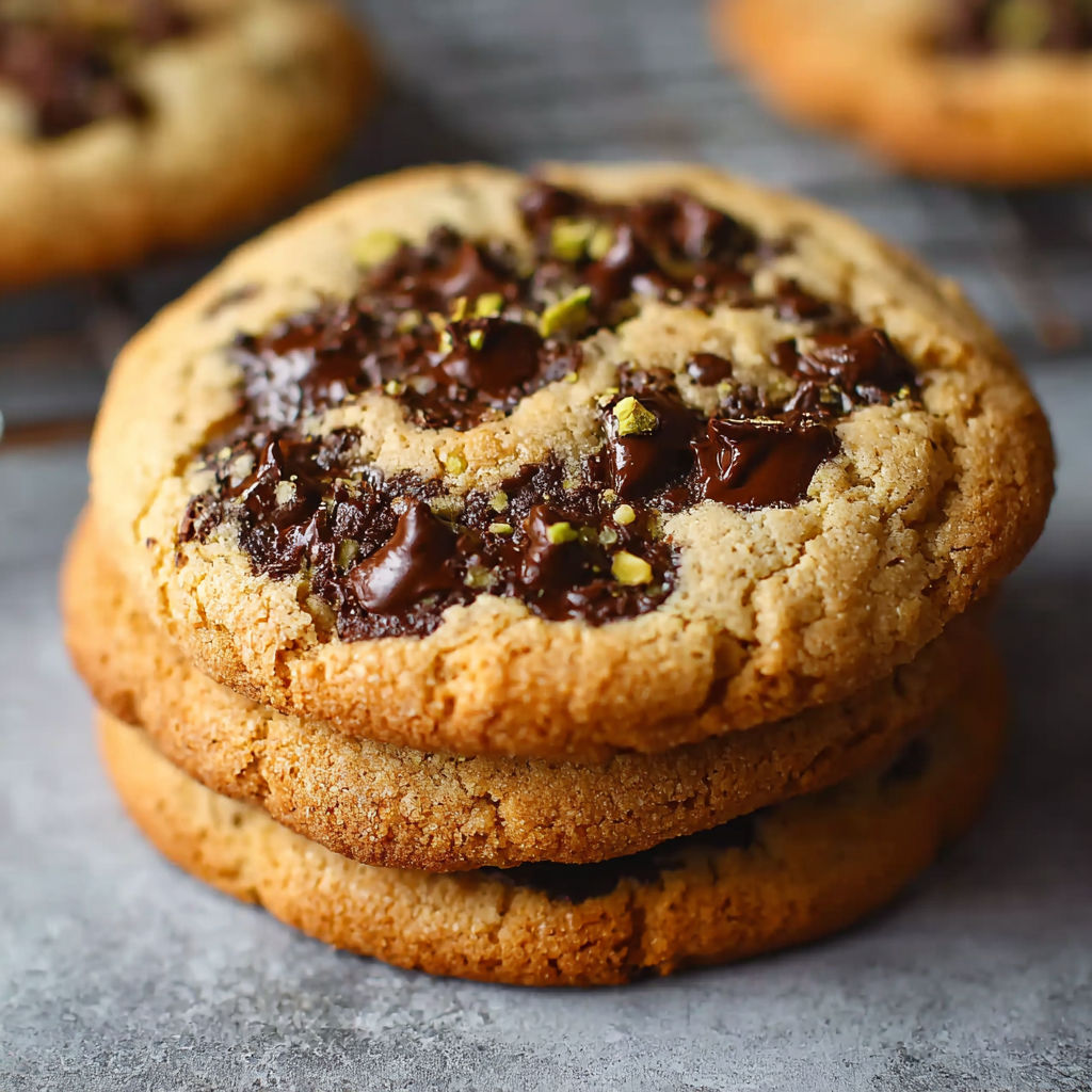A stack of chocolate chip cookies.