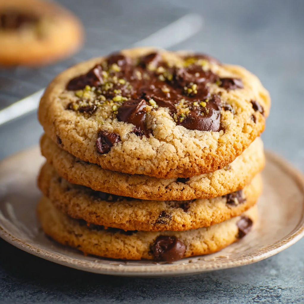 A plate of chocolate chip cookies.
