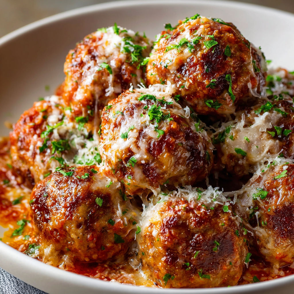 A plate of meatballs with cheese and herbs on top.