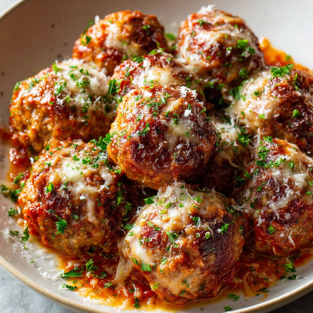 A plate of meatballs covered in cheese.