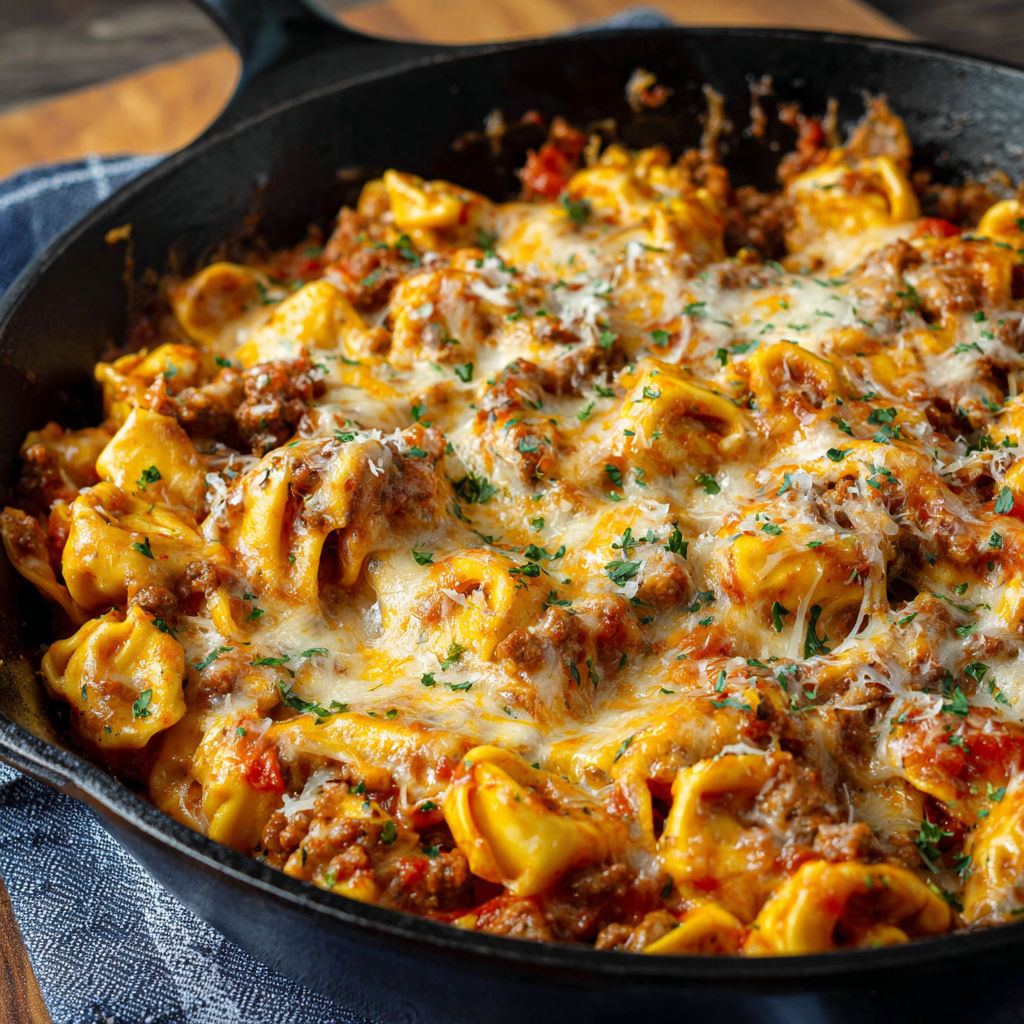 A skillet filled with cheeseburger tortellini.