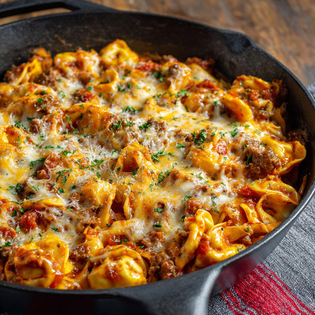 A skillet filled with cheeseburger tortellini.