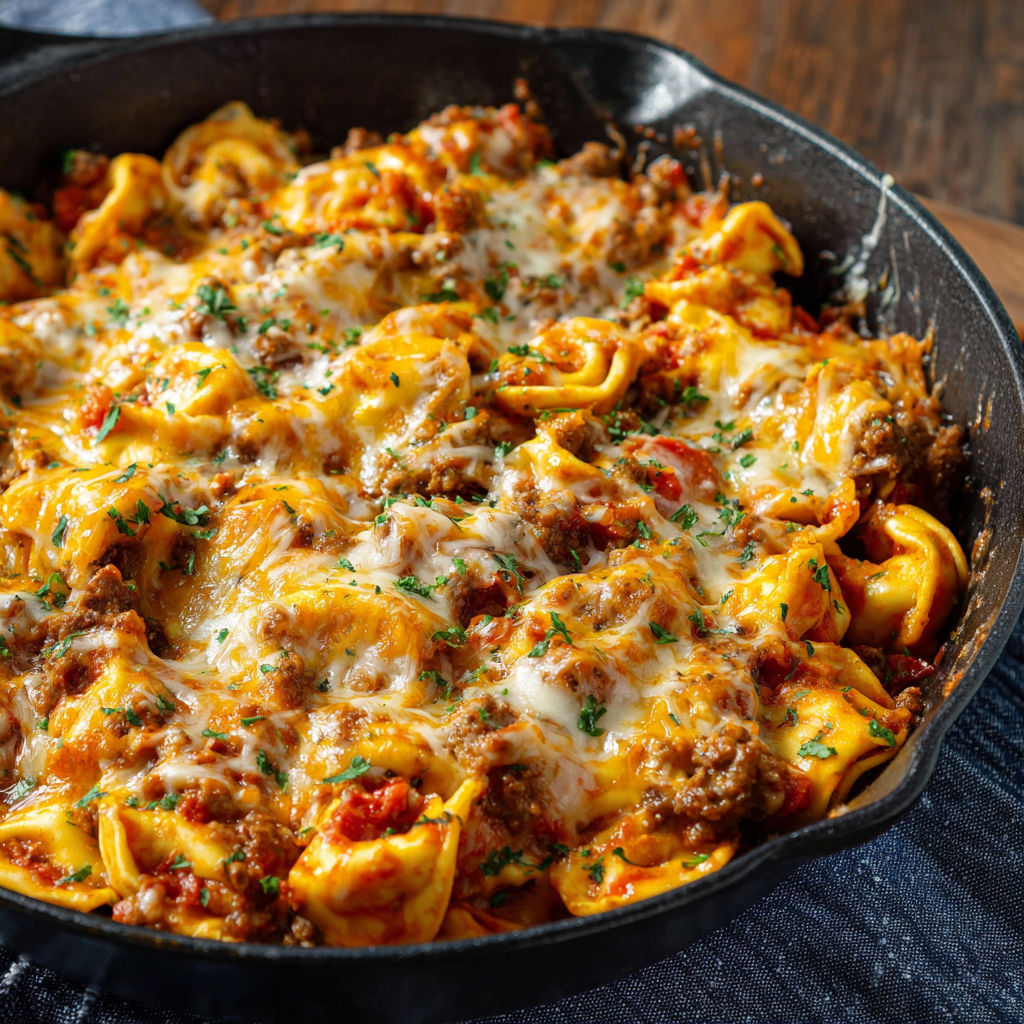 A skillet of cheeseburger tortellini.