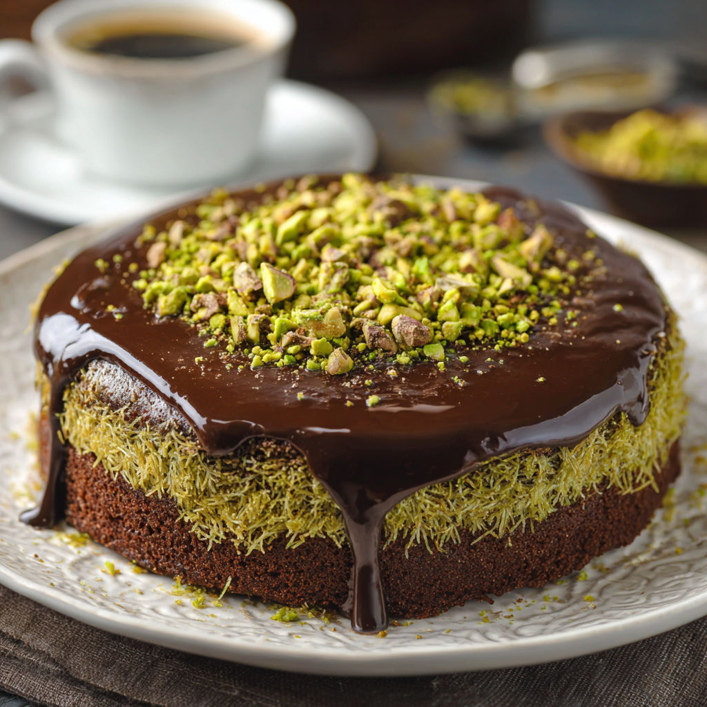 A chocolate cake with almonds and pistachios on top.