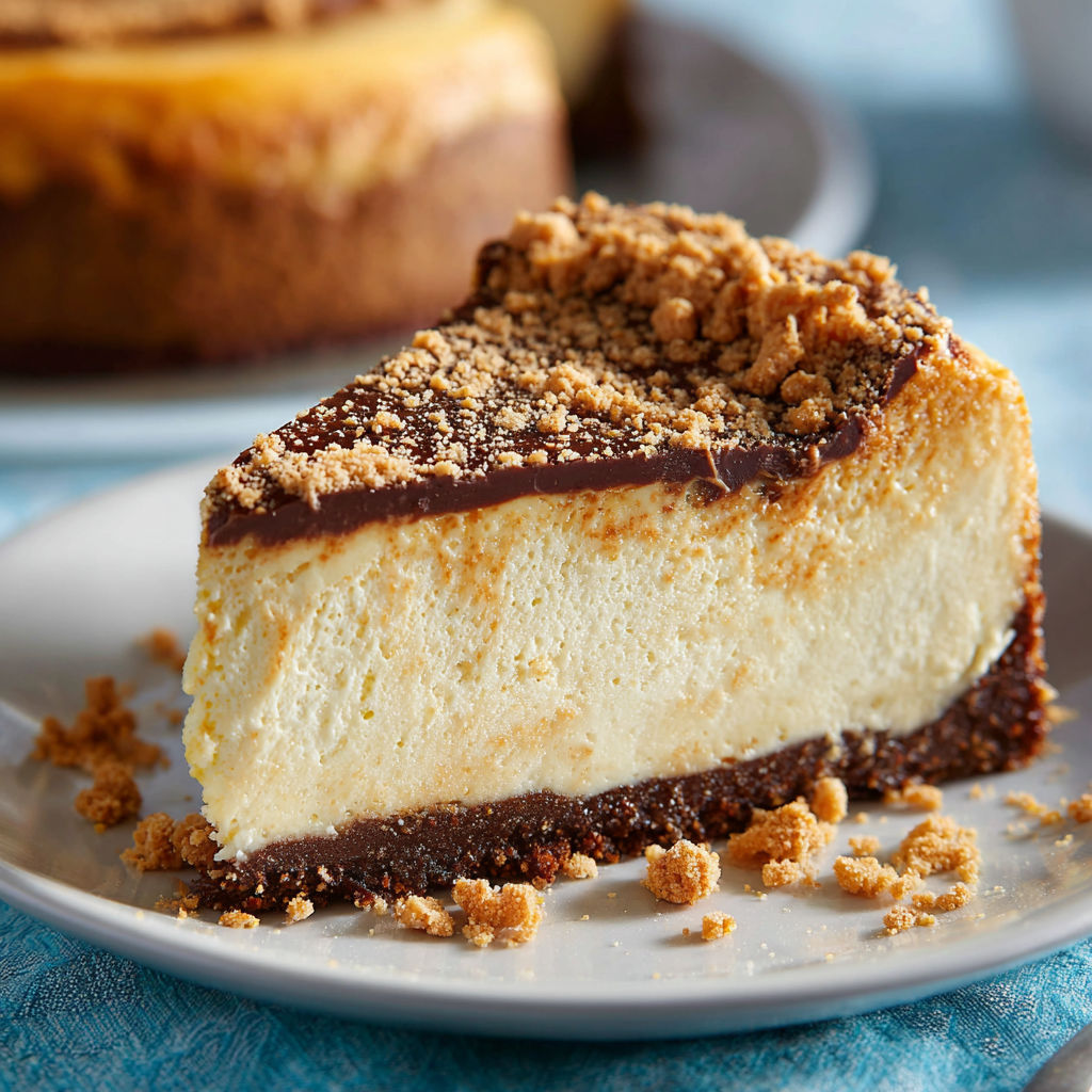 A slice of Butterfinger cheesecake on a plate.