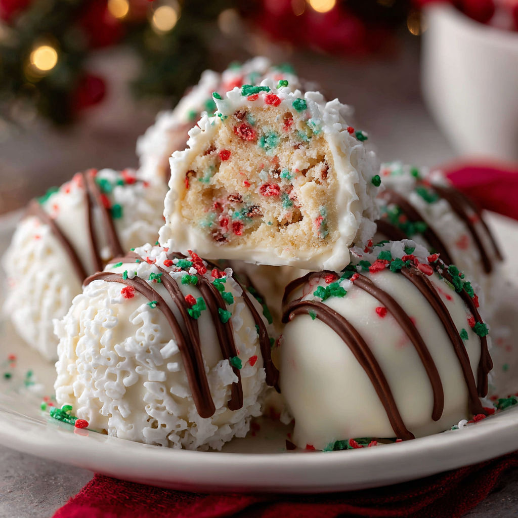 A plate of white and red balls with chocolate drizzled on top.