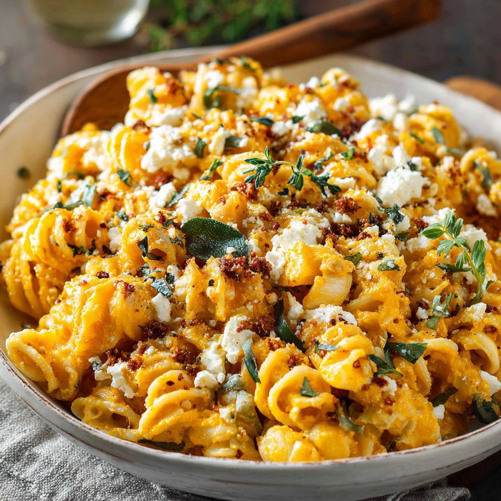 A bowl of pasta with cheese and herbs.