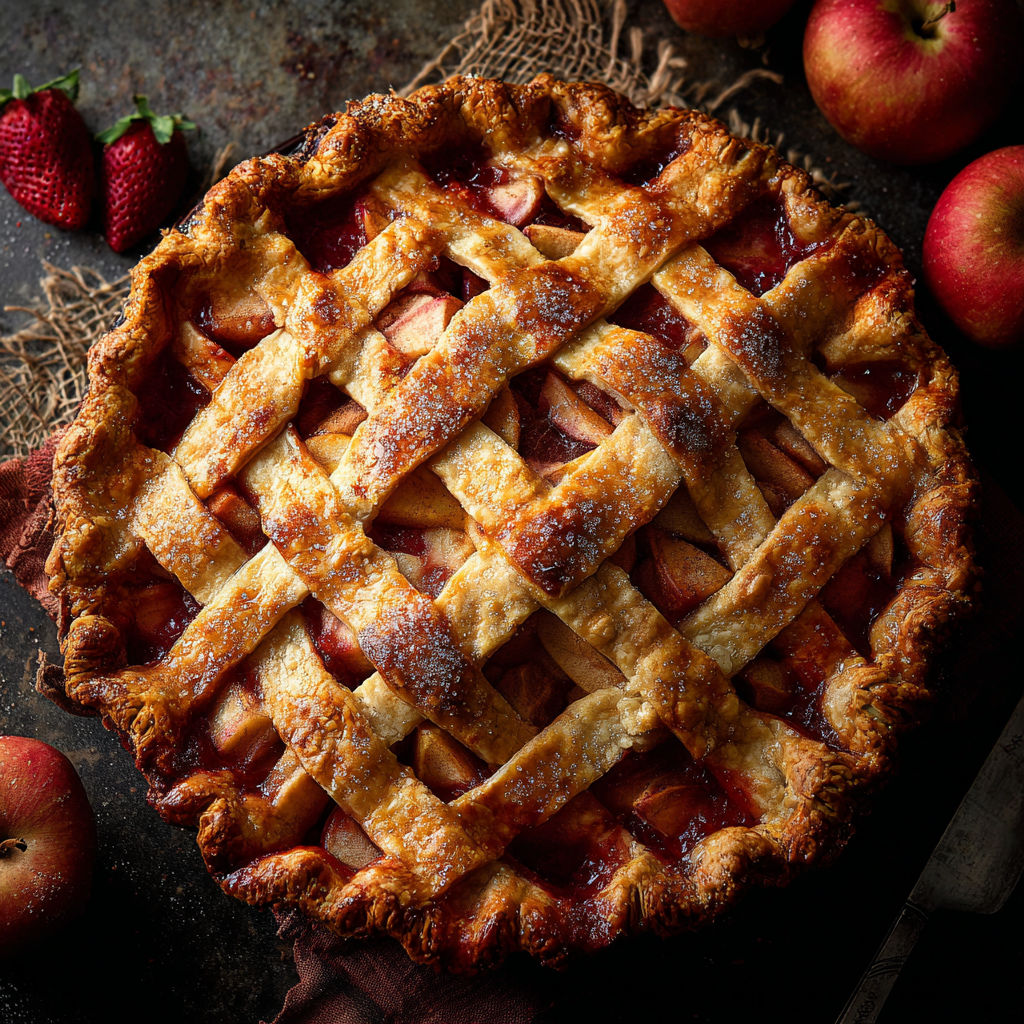 A pie with a lattice crust and a filling of apples and strawberries.