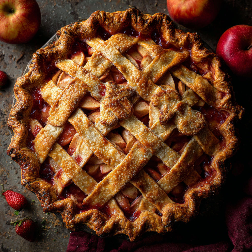 A pie with a lattice crust and a filling of apples and cherries.