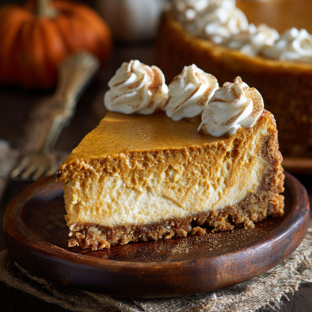 A slice of pumpkin cheesecake on a wooden plate.