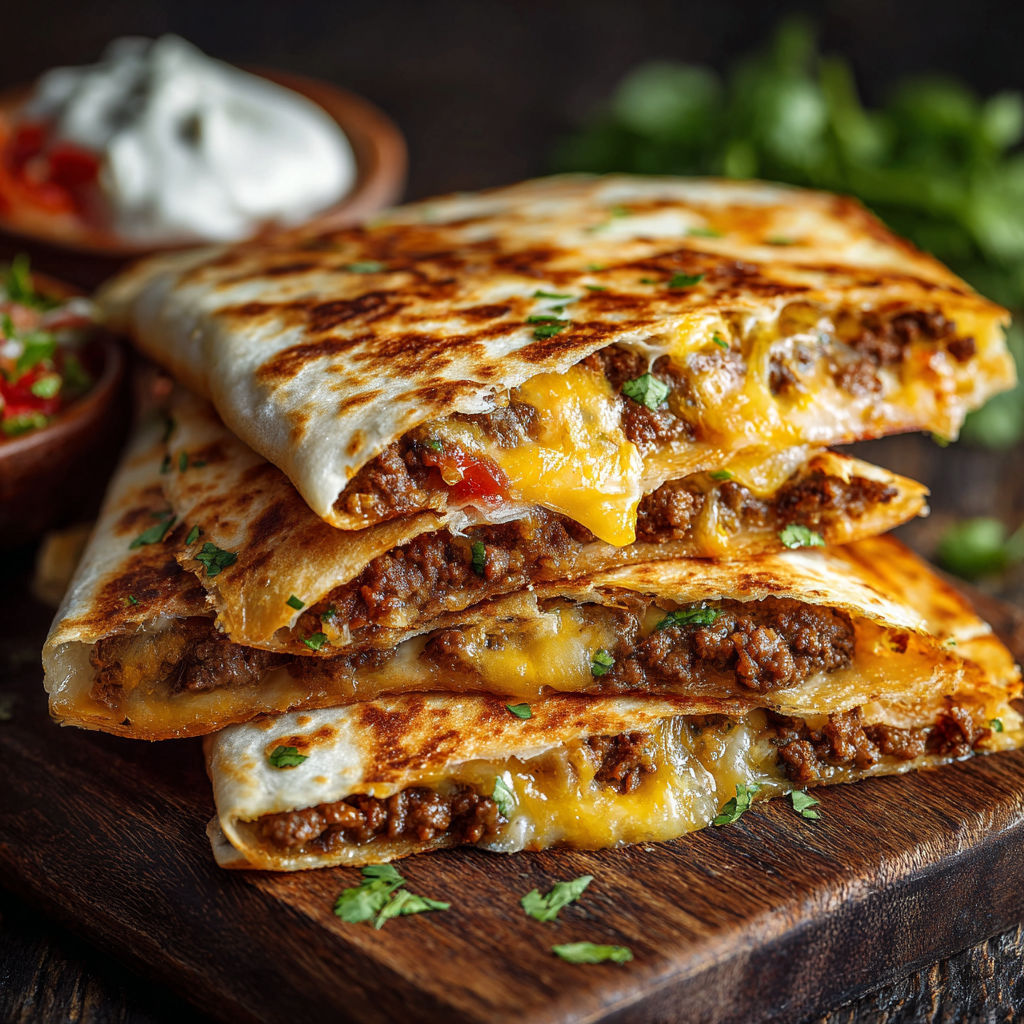 A stack of three tacos with cheese and meat.