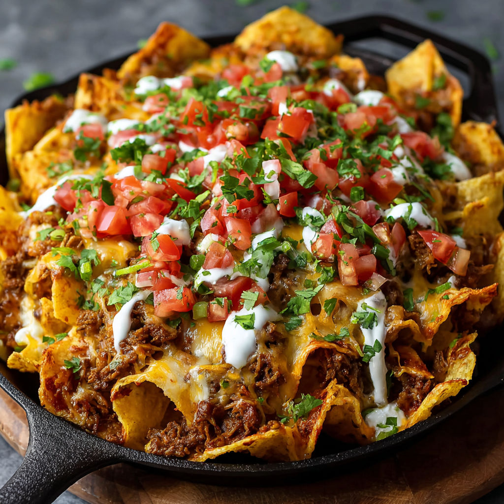 A delicious plate of nachos with tomatoes, cheese, and jalapenos.