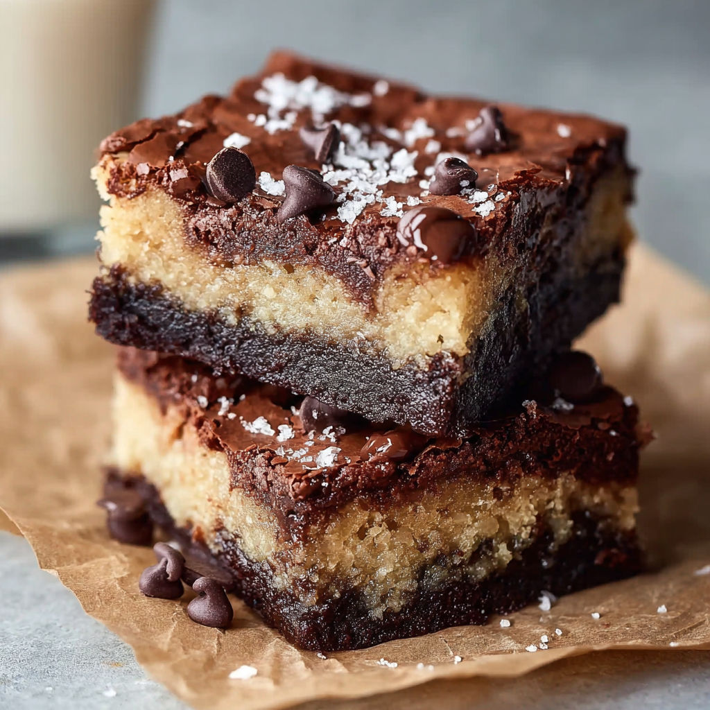 Two pieces of chocolate cake with chocolate chips on top.