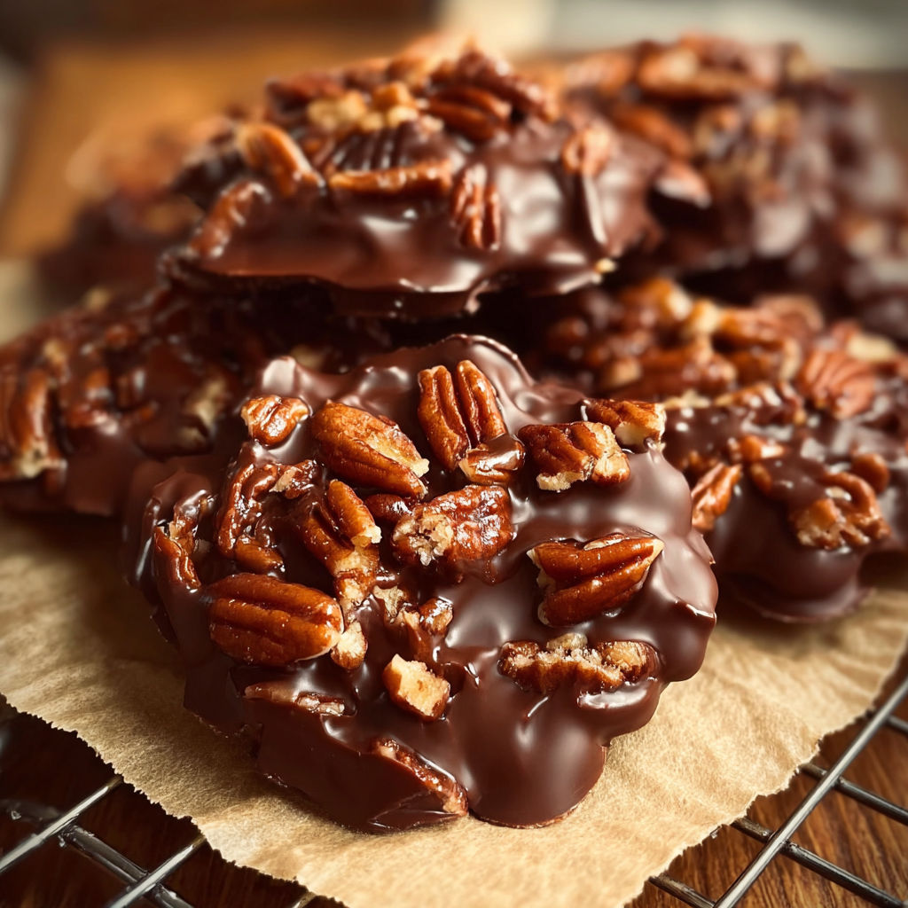 A close up of chocolate pecan turtle clusters.