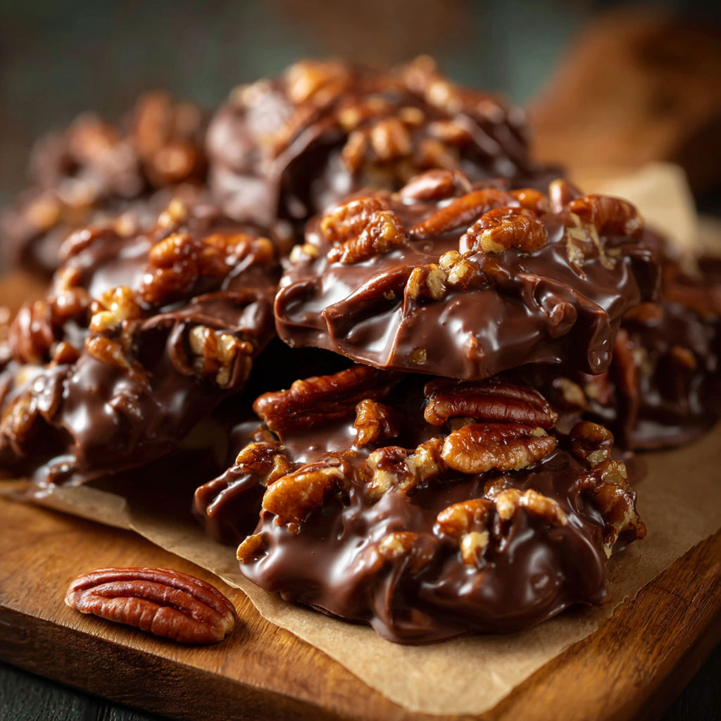 Chocolate Pecan Turtle Clusters on a wooden table.