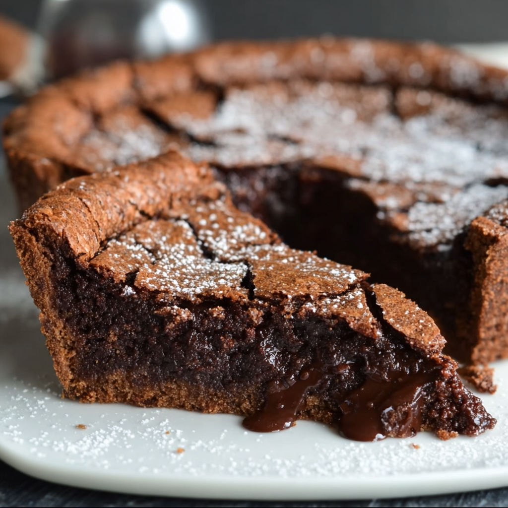A slice of chocolate pie with chocolate drizzle.