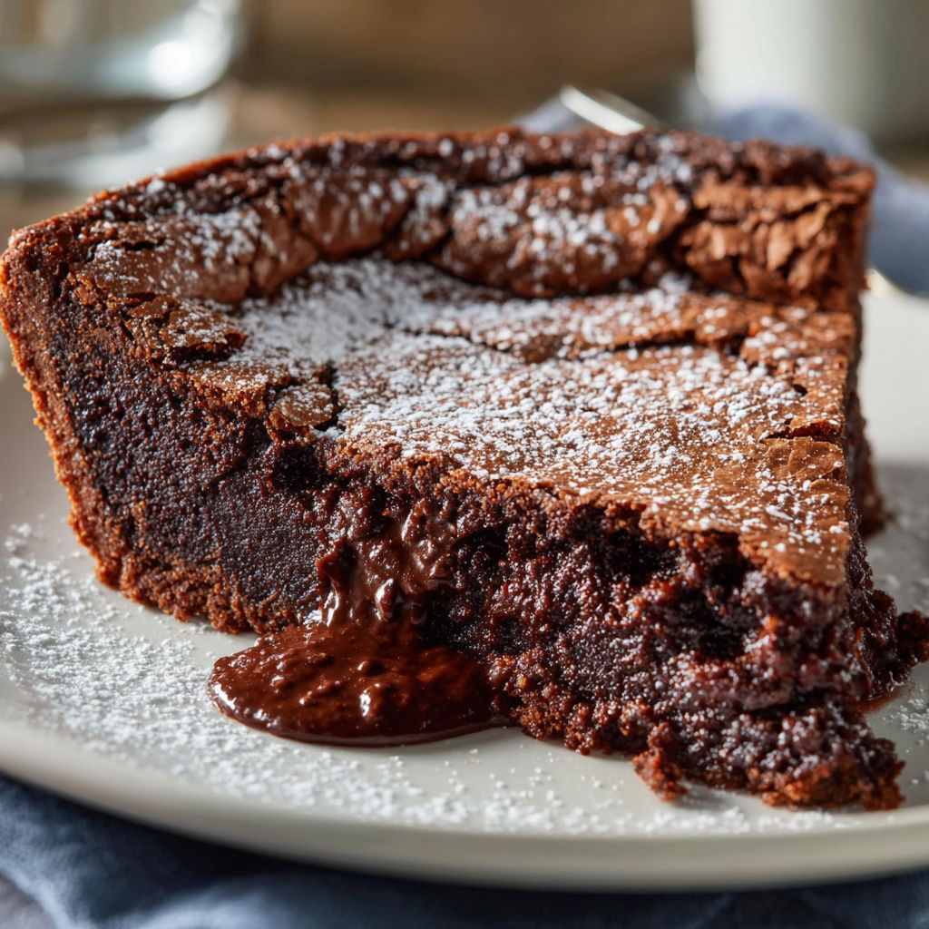 A slice of chocolate cake with powdered sugar on top.