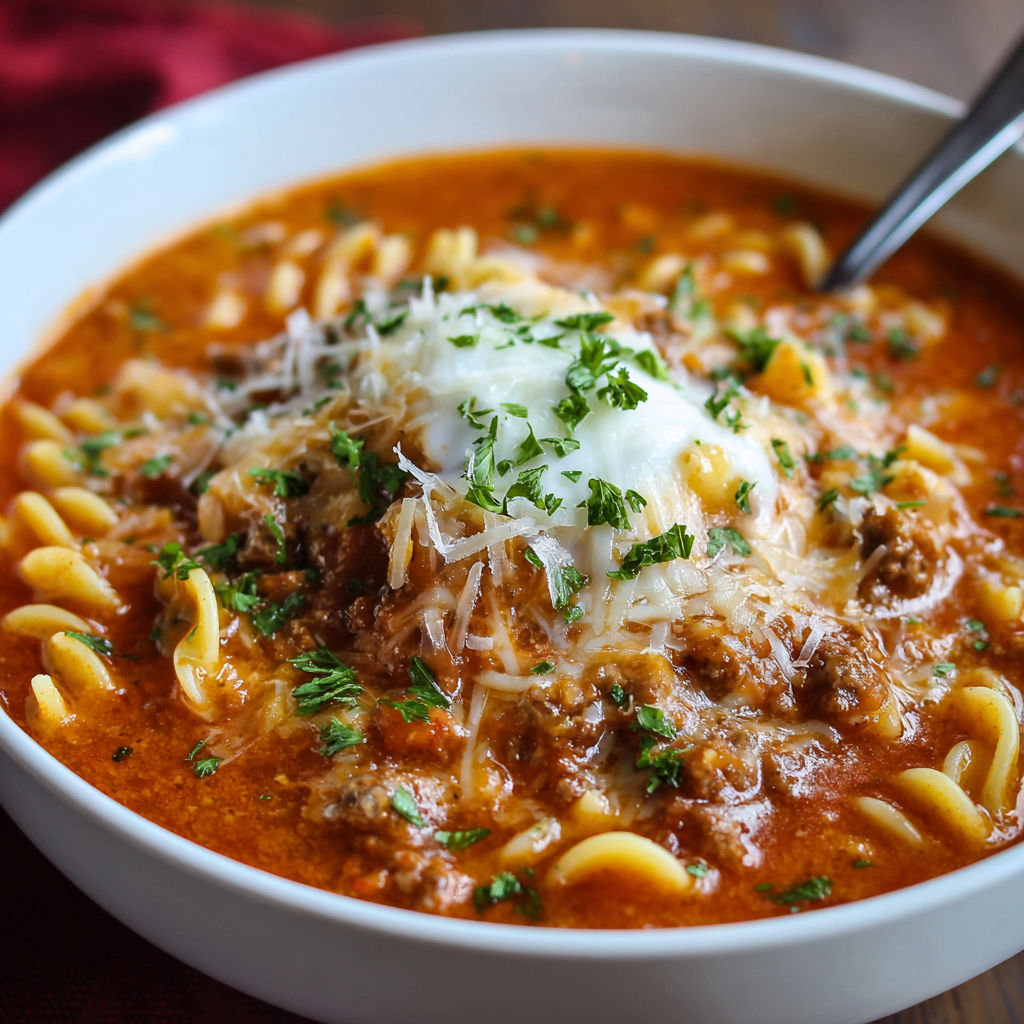 A bowl of lasagna soup with a white cheese on top.
