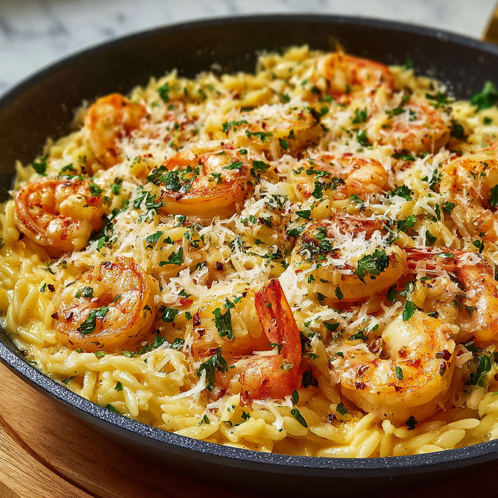 A pan of shrimp and pasta.
