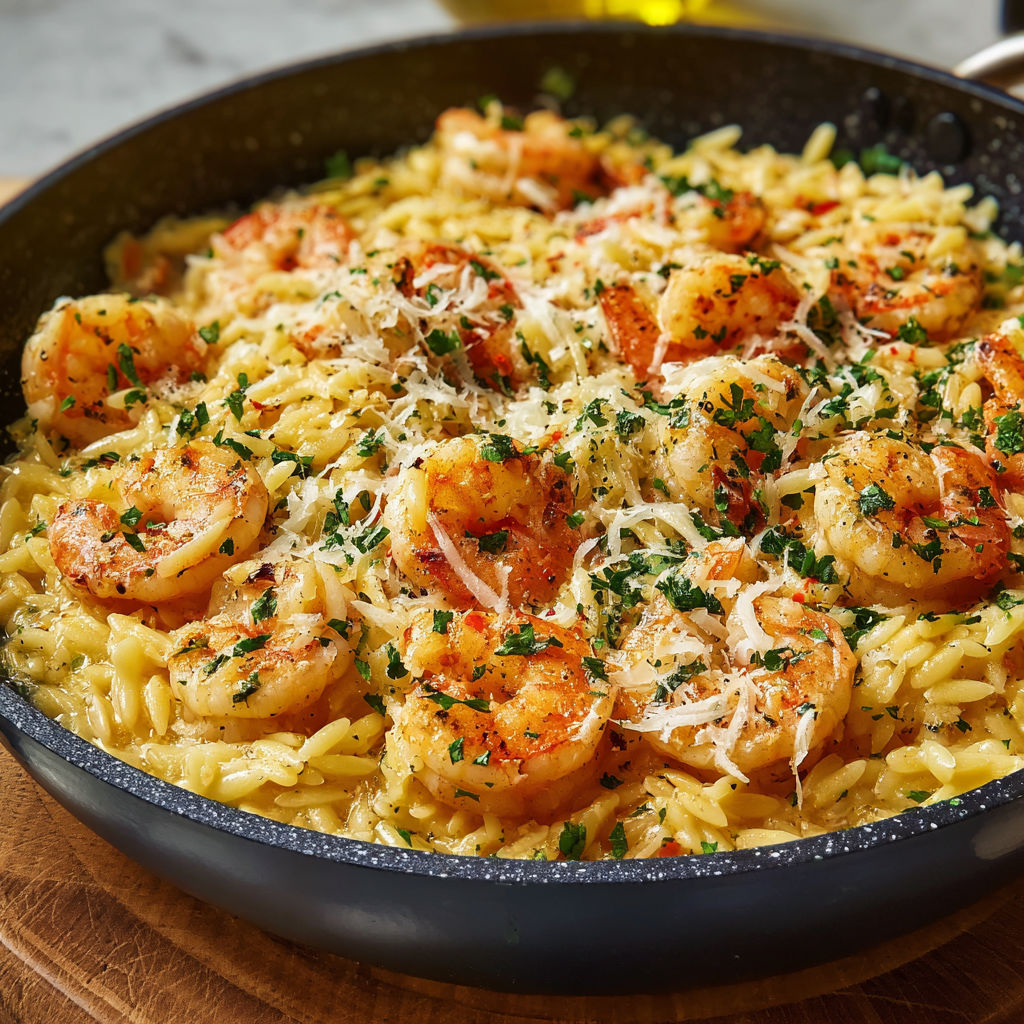 A dish of shrimp and rice with cheese on top.