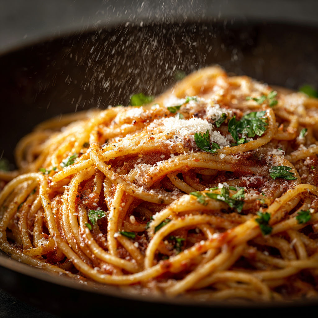 A bowl of spaghetti with cheese and herbs.