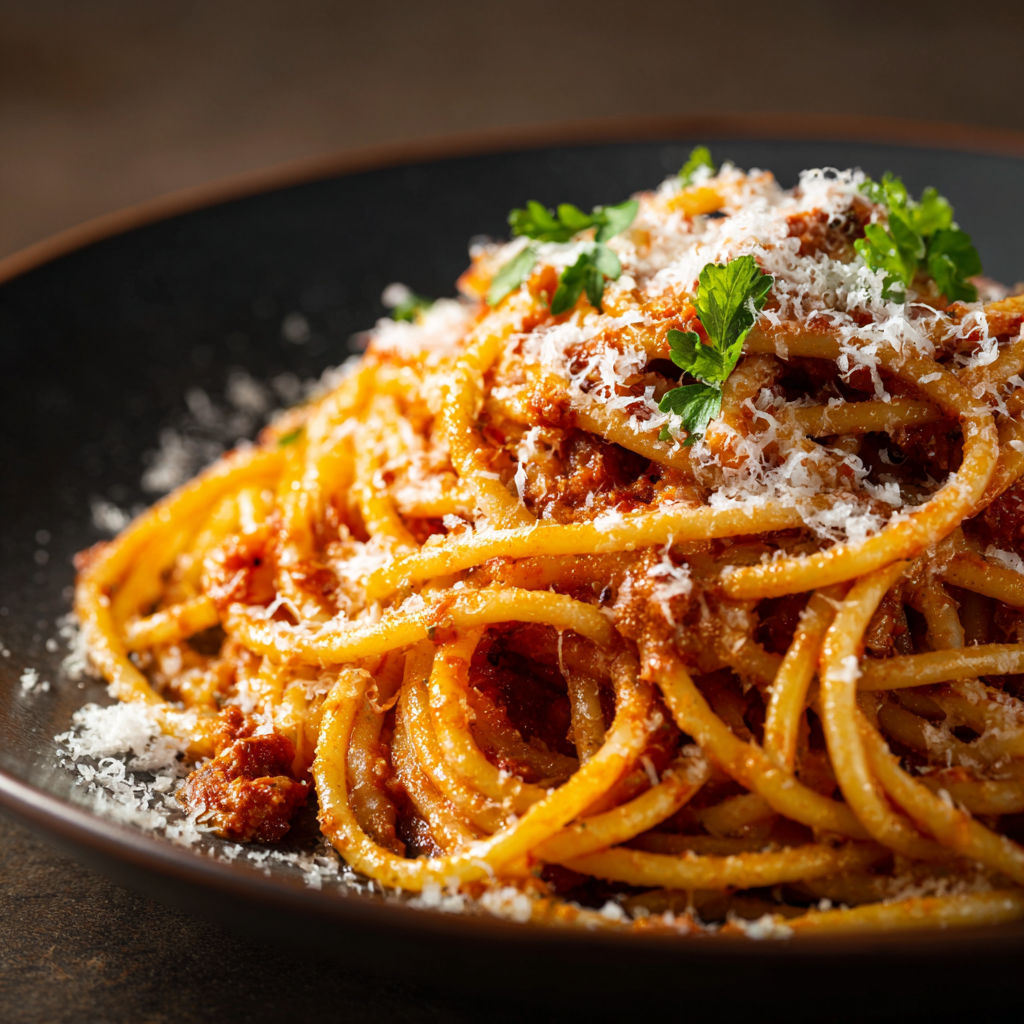 A plate of spaghetti with meat sauce and cheese.