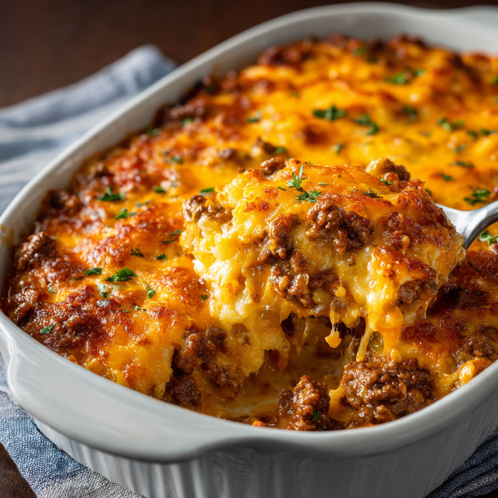 A white bowl filled with a delicious casserole.