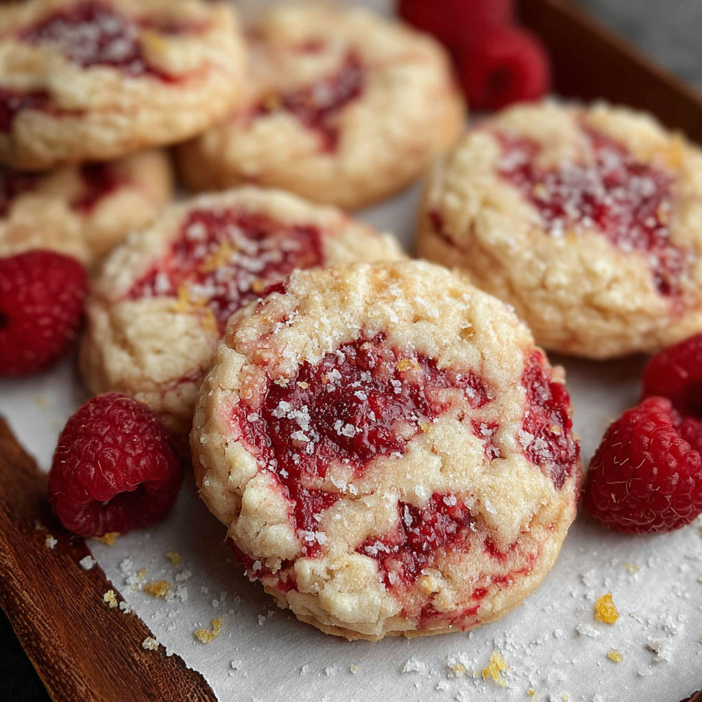 A plate of cookies with raspberries on top.