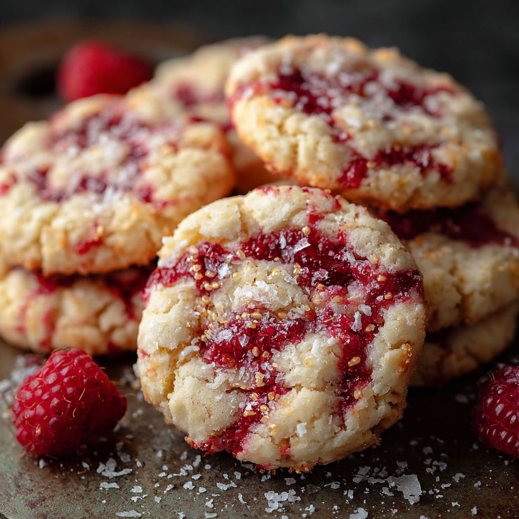 A plate of cookies with raspberries on top.